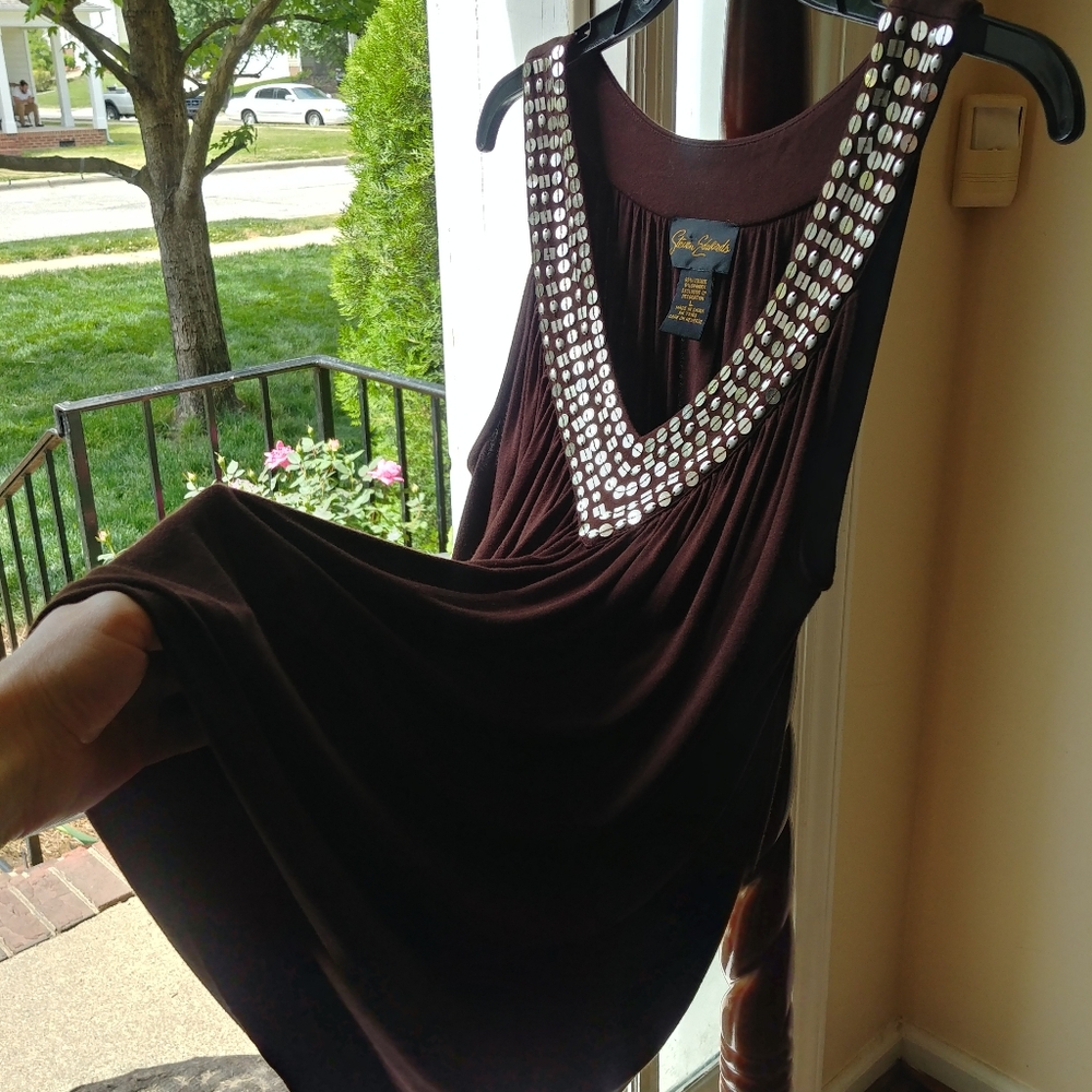 Steven Edwards, L, Brown, Sleeveless, Sequin Collar Top, Blouse